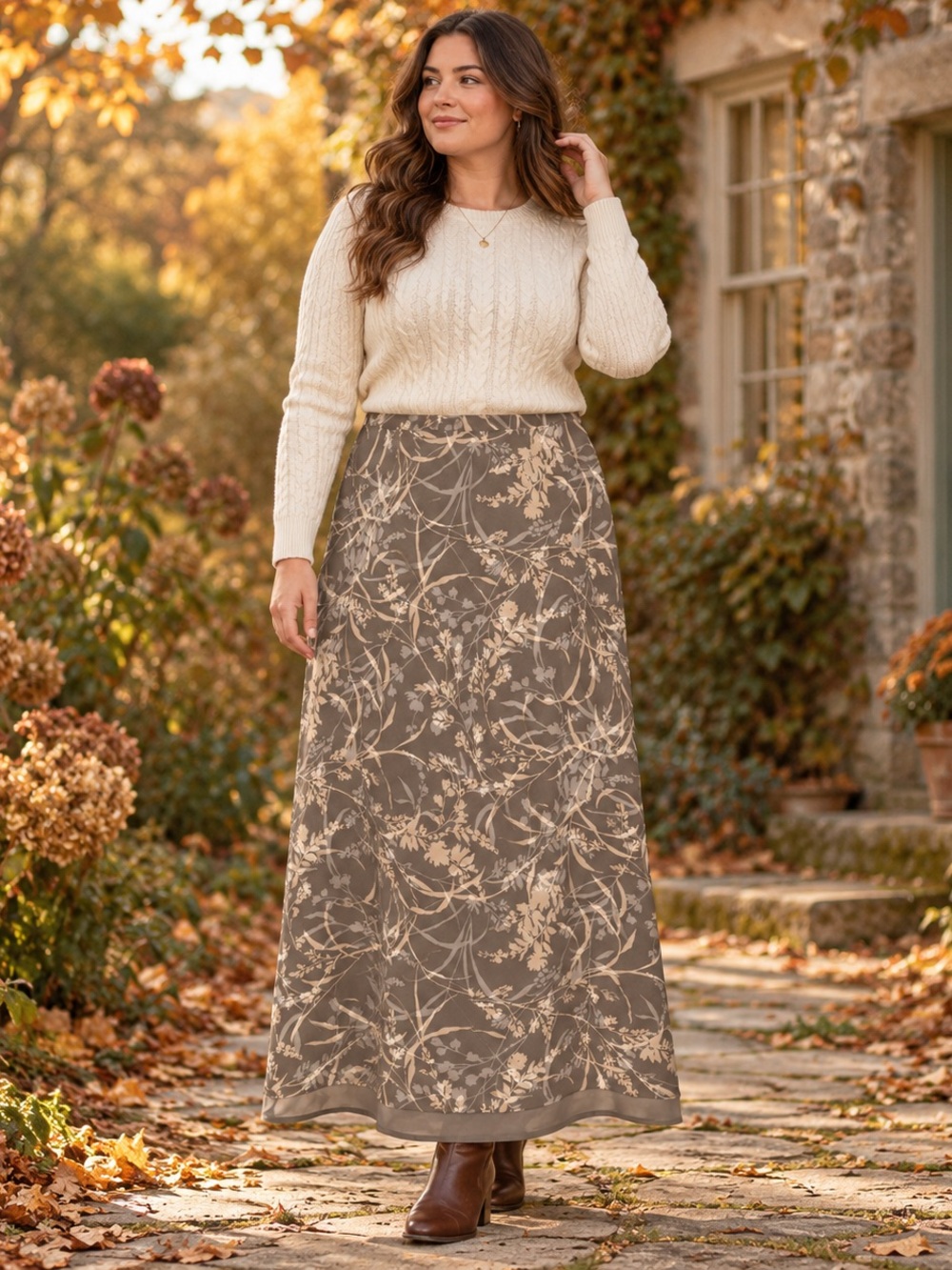 Eddie Bauer 100% Silk Maxi Skirt 14 Tall Fall Cottagecore Botanical